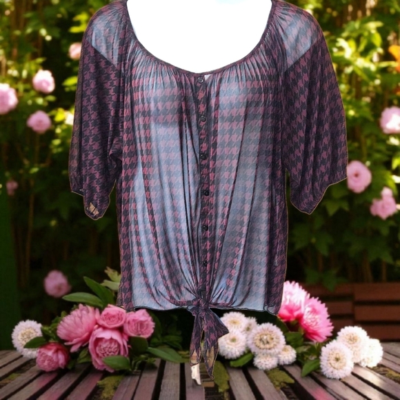 EMBER Plus Size Women's Burgundy Black Sheer Houndstooth Print Tie Front Blouse - Picture 1 of 13